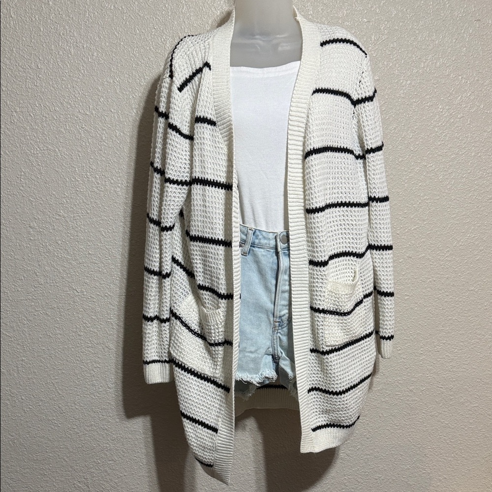 Cozy White and Black Striped knitted cardigan